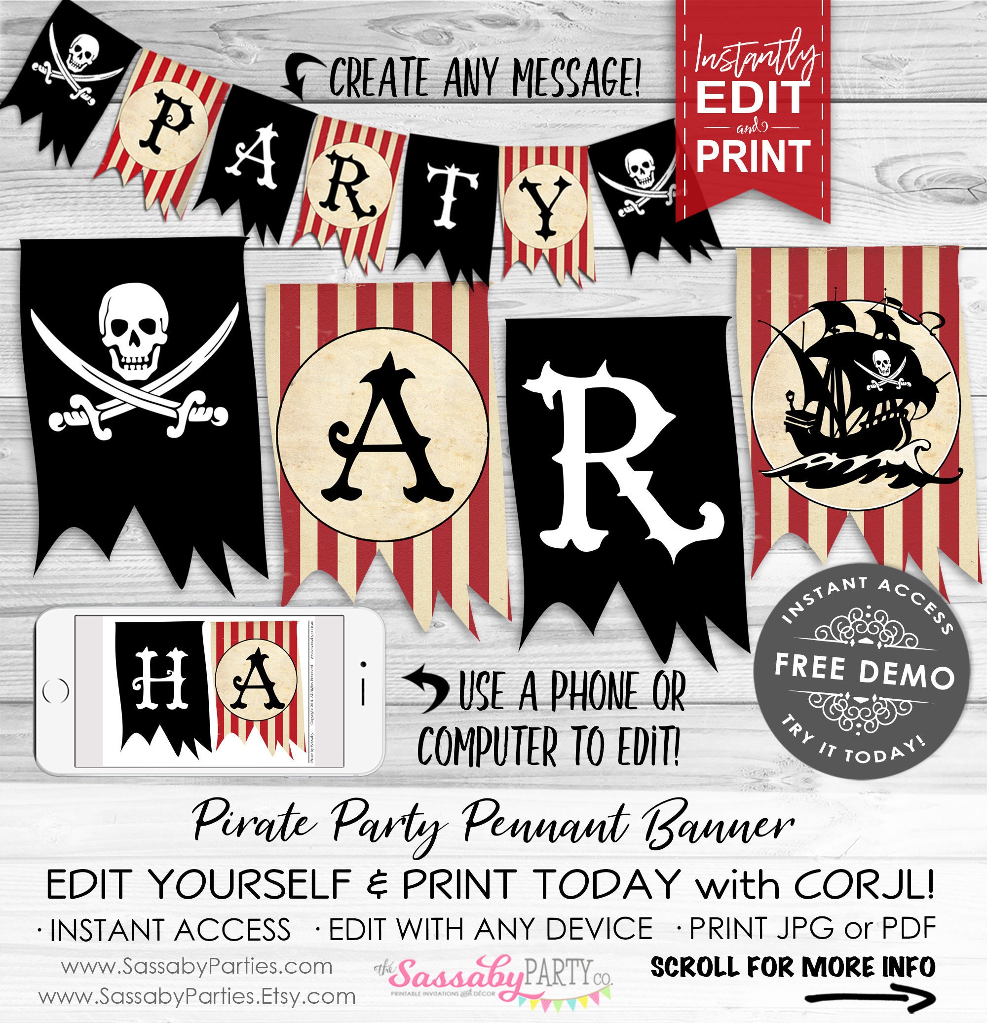 Pirate Party Banner INSTANT DOWNLOAD Editable & Printable, Birthday, Boys, Party  Decorations, Decor, Bunting, Pirates, Caribbean, Ship 