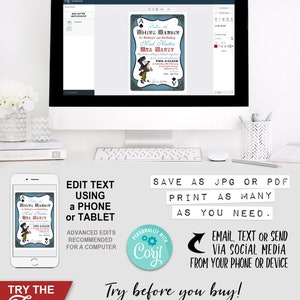 Mad Hatter Tea Party Invitation, Un-Birthday, Alice in Wonderland, Edit Text, Editable, Birthday, Queen of Hearts, White Rabbit, Tea Party, Printable, Print Yourself, Instant Download, Digital Files, Blue