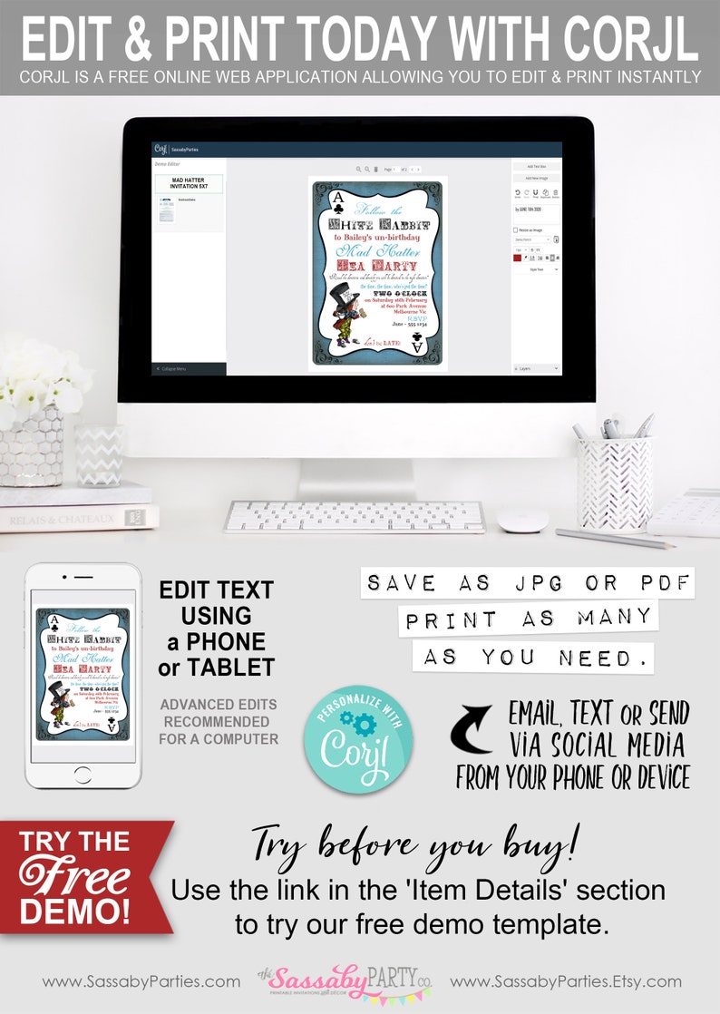 Mad Hatter Tea Party Invitation, Un-Birthday, Alice in Wonderland, Edit Text, Editable, Birthday, Queen of Hearts, White Rabbit, Tea Party, Printable, Print Yourself, Instant Download, Digital Files, Blue