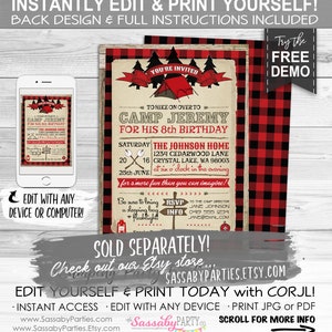 Camping Party Invitation INSTANT DOWNLOAD Partially Editable & Printable Camp Out, Birthday Party Invite, Plaid, Wilderness, Summer image 7