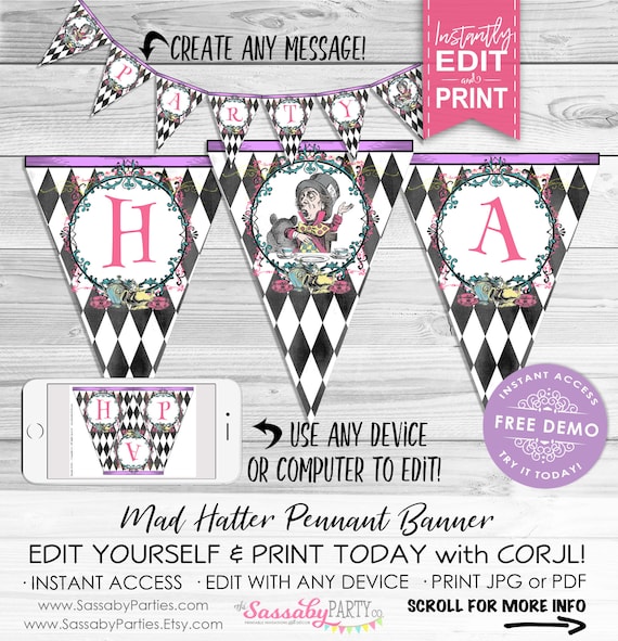 Mad Hatter Tea Party Banner Instant Download Editable