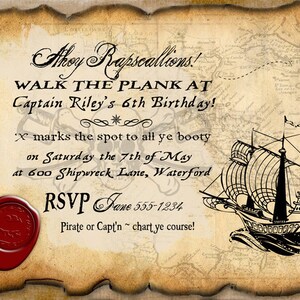 Pirate Party Invitation, Map, X Marks The Spot, Ship, Jolly Roger Edit Text, Editable, Invite, Birthday Party, Printable, Instant Download, Print At Home, Digital Files