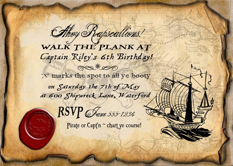 Pirate Party Invitation, Map, X Marks The Spot, Ship, Jolly Roger Edit Text, Editable, Invite, Birthday Party, Printable, Instant Download, Print At Home, Digital Files