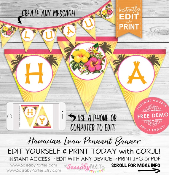 Hawaiian Luau Party Banner - INSTANT DOWNLOAD - Editable & Printable Tropical, Beach, Birthday Bunting Decorations, Decor, Tiki Sunset, Edit Il_570xn
