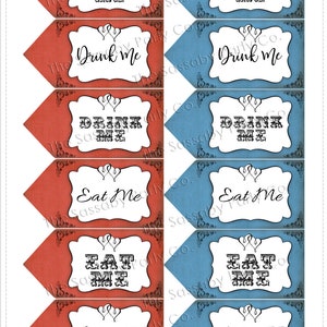 Alice in Wonderland Party Tags, Eat Me, Drink Me, Tea Party Decor, Decorations, Edit Text, Editable, Printable, Print Yourself, Instant Download, Digital Files, Baby Shower, Birthday, Red, Blue, Any Occasion, Edit Online with Corjl