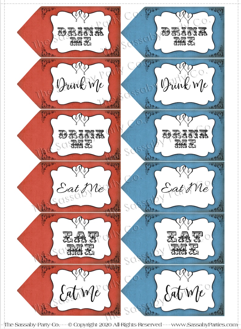 Alice in Wonderland Party Tags, Eat Me, Drink Me, Tea Party Decor, Decorations, Edit Text, Editable, Printable, Print Yourself, Instant Download, Digital Files, Baby Shower, Birthday, Red, Blue, Any Occasion, Edit Online with Corjl