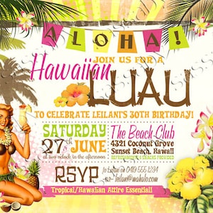 Hawaiian Luau Invitation, Tropical Party, Birthday, BBQ, Beach, Hawaii, Aloha, Bday, 30th Bday, 40th, Cocktails, Retro, Printable, Print Yourself, Instant Download, Editable, Edit Text