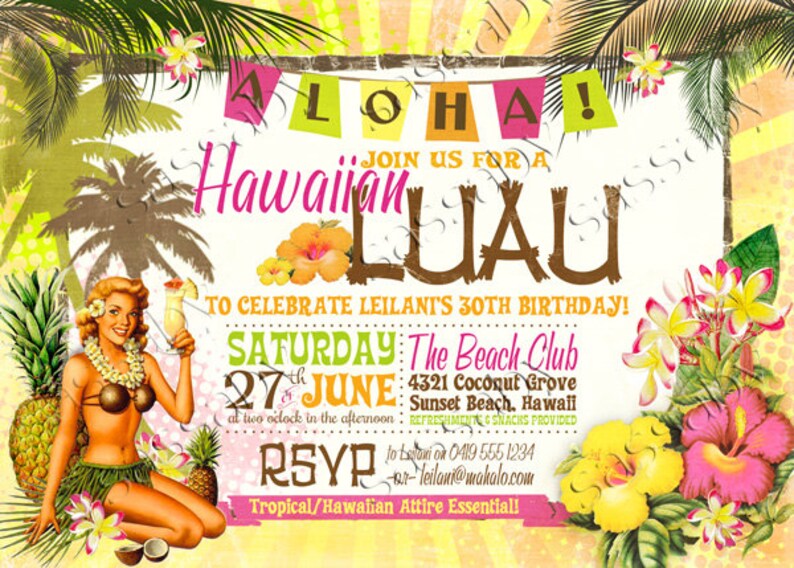 Hawaiian Luau Invitation, Tropical Party, Birthday, BBQ, Beach, Hawaii, Aloha, Bday, 30th Bday, 40th, Cocktails, Retro, Printable, Print Yourself, Instant Download, Editable, Edit Text