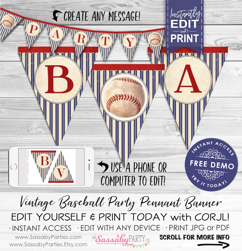 Baseball Banner, Bunting, Printable Birthday Party Decorations, Edit Print Yourself, Instant Download, Vintage Style, Create Your Message, Ballgame, Pennant Flags, Editable