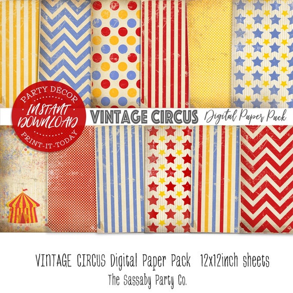 Vintage Circus Digital Paper Pack - INSTANT DOWNLOAD - Scrapbooking Card Making Sheets, Birthday Party Decoration, Decor, Big Top, Carnival Il_570xn