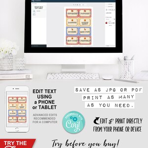 Carnival Circus Party Labels, Food, Candy, Tent Label, Birthday Party Decor, Big Top, Decorations, Edit Yourself, Editable, Stripes, Instant Download, Printable, Print Yourself, Come One Come All