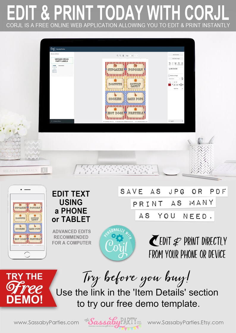 Carnival Circus Party Labels, Food, Candy, Tent Label, Birthday Party Decor, Big Top, Decorations, Edit Yourself, Editable, Stripes, Instant Download, Printable, Print Yourself, Come One Come All