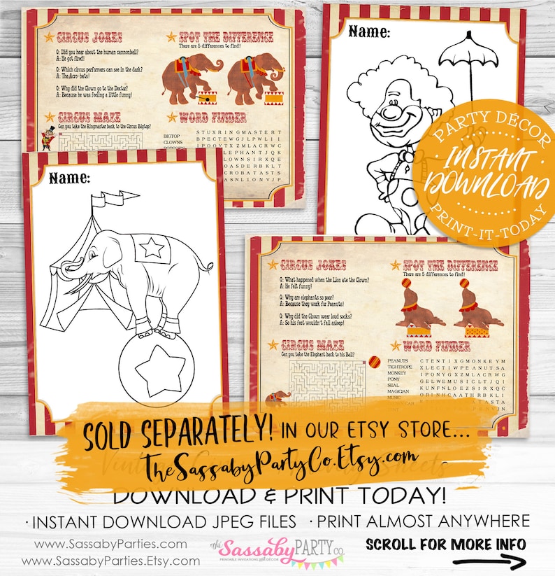 May include: A printable set of circus-themed activity sheets for kids. The sheets feature coloring pages, word searches, spot the difference games, and mazes. The sheets are decorated with red and white stripes and yellow stars.