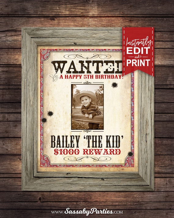 Cowboy WANTED Photo Poster - INSTANT DOWNLOAD - Partially Editable & Printable Birthday, Western Decorations, Decor, Poster, Reward, Picture Il_570xn