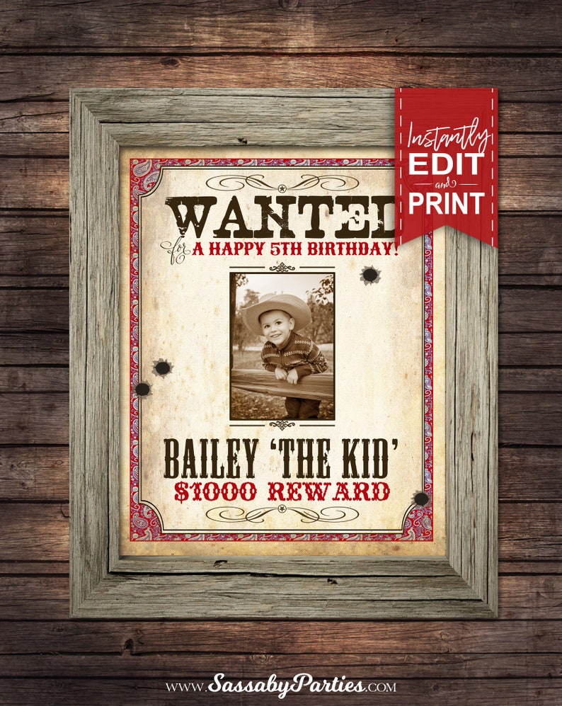 Cowboy Poster, Photo, Upload Picture, Wanted Sign, Reward, Printable, Birthday Party Decorations, Edit Text, Editable Name, Print Yourself, Instant Download, Fun Decor, Decoration, Red, Bandana, Texas, Wild West, Print At Home, Digital Files