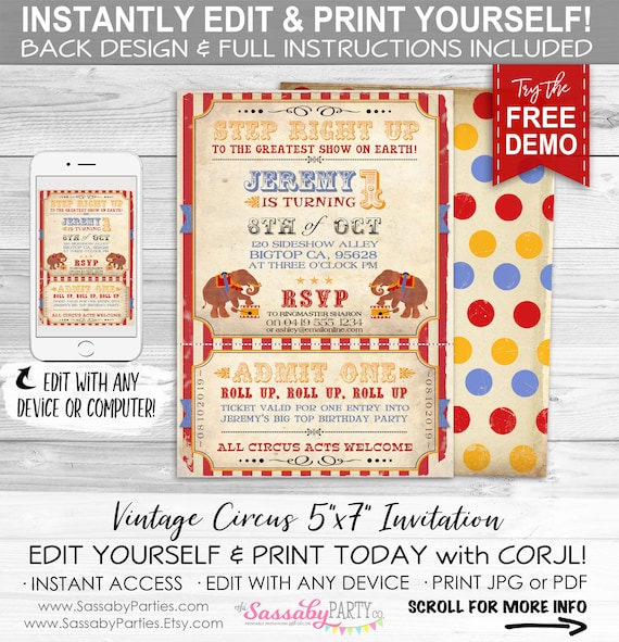 Vintage Circus Invitation - INSTANT DOWNLOAD - Edit & Print, Carnival, Elephant, Big Top, Birthday Party Invite, Step Right Up Greatest Show Il_570xn