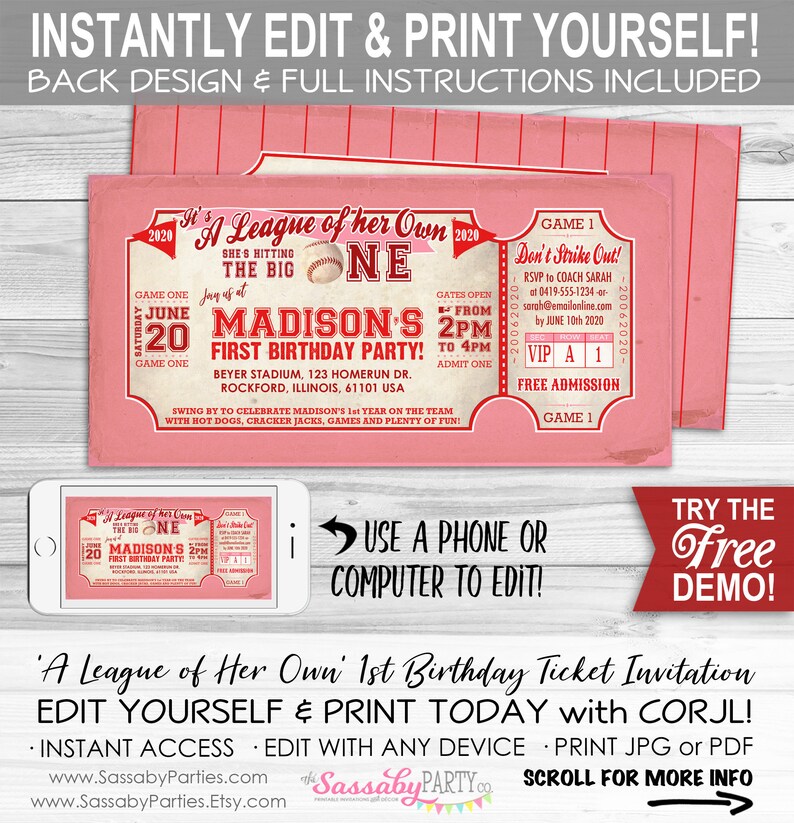 Girls Baseball Rockford Peaches, 1st Birthday Invitation, First, The Big One, Ticket, Invite, Edit Text, Editable, Pink, Red, League of Her Own, All-Star, Party Printable, Print Yourself