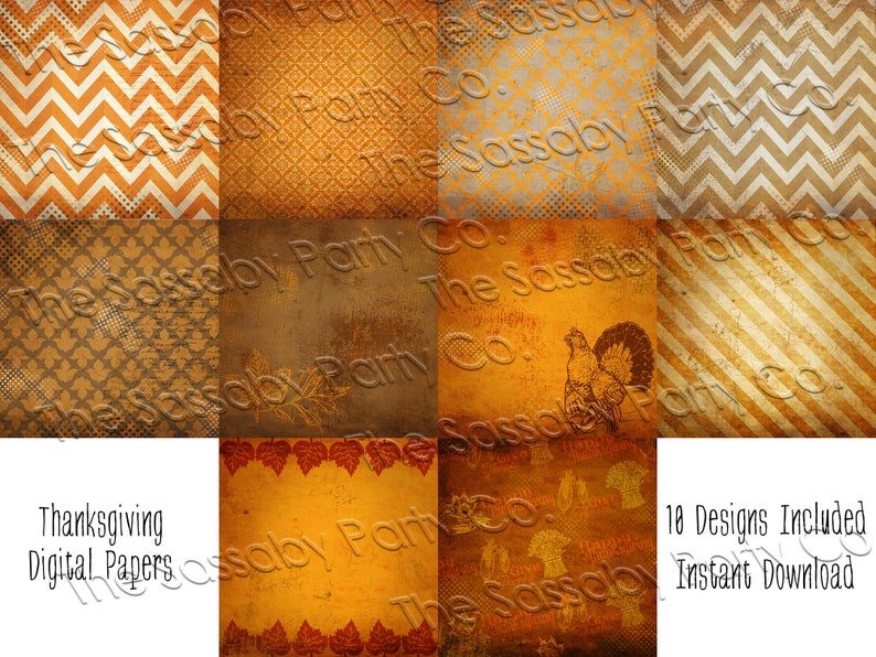 Thanksgiving Digital Papers, Give Thanks, Turkey, Chevron, Fall, Stripes, Leaves, Scrapbooking, Backgrounds, Card Making, Crafts, Printable, Print Yourself, Instant Download Digital File, Orange