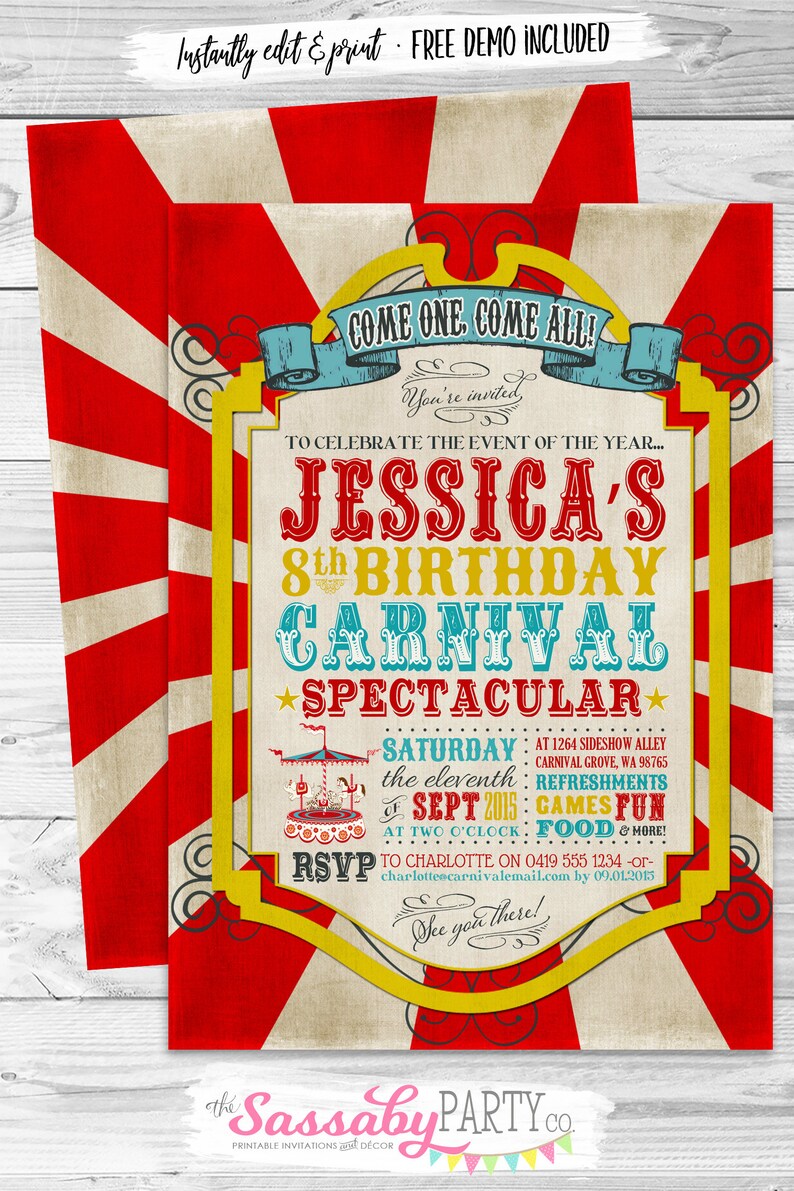 Carnival Invitation, Invite, Any Age, Birthday, Red, Carousel, Ferris Wheel, Instant Download, Edit Text, Editable, Printable, Come One Come All, Print Yourself, Use Any Device