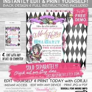 May include: A printable invitation for a Mad Hatter's Tea Party. The invitation features a black and white chequered background with a pink and purple illustration of the Mad Hatter. The text on the invitation reads "Follow the white Rabbit to Jessica's Merry Un-Birthday Mad Hatter's Tea Party".
