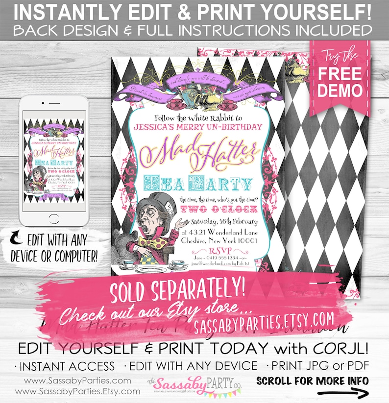 May include: A printable invitation for a Mad Hatter's Tea Party. The invitation features a black and white chequered background with a pink and purple illustration of the Mad Hatter. The text on the invitation reads "Follow the white Rabbit to Jessica's Merry Un-Birthday Mad Hatter's Tea Party".