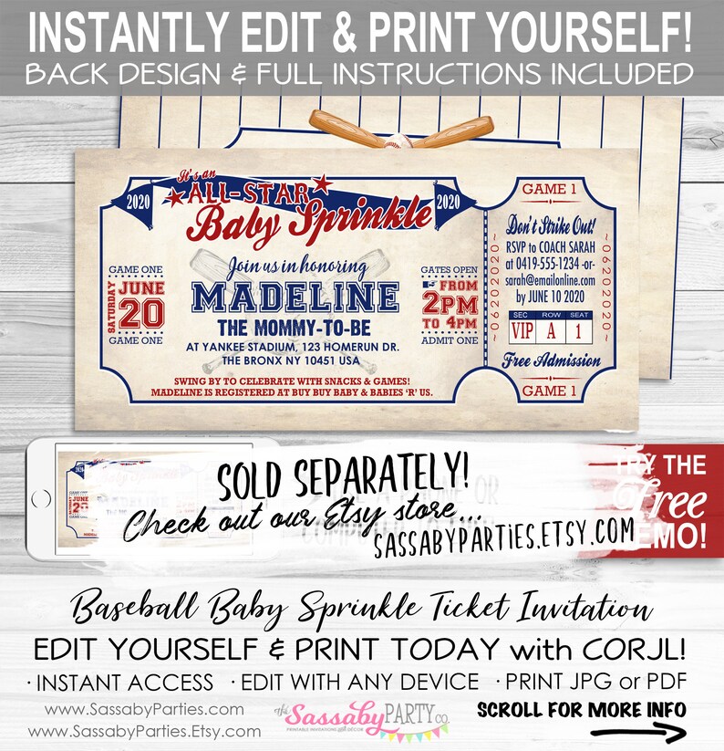 Vintage Baseball Baby Shower Invitation - INSTANT DOWNLOAD - Editable & Printable, All Star Ticket Invite, Ballgame, Print it Yourself image 5