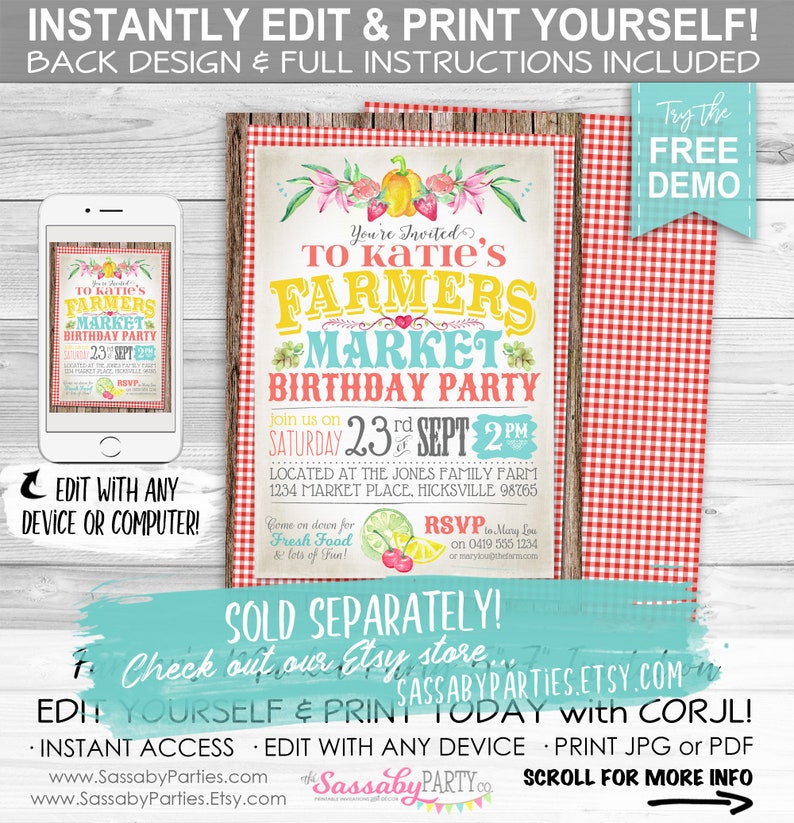 Farmers Market Party Pack INSTANT DOWNLOAD Edit & Print, Birthday Party Decorations, Decor, Shop Stall, Fruit, Vegetables, Lemonade image 7