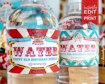 Vintage Carnival Water Bottle Labels - INSTANT DOWNLOAD - Editable & Printable Party Decorations, Decor, Label, Drinks, Refreshments