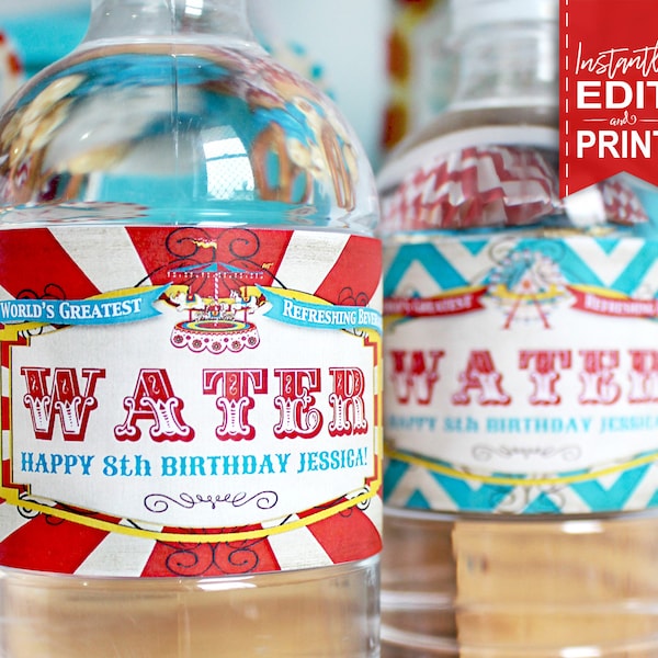 Vintage Carnival Water Bottle Labels - INSTANT DOWNLOAD - Editable & Printable Party Decorations, Decor, Label, Drinks, Refreshments