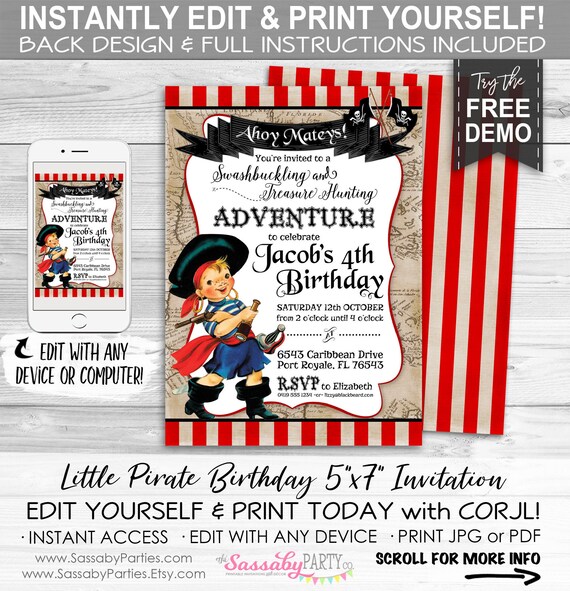 Little Pirate Birthday Party Invitation Instant Download