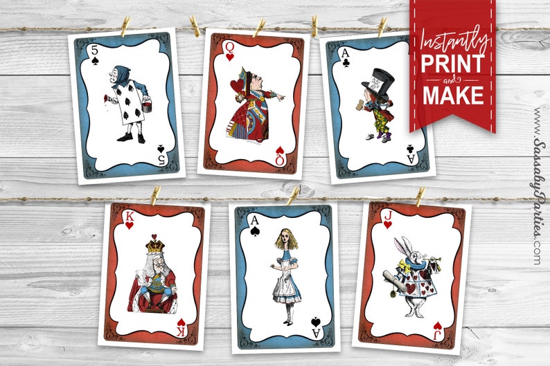 Alice in Wonderland, Playing Cards, Red Blue, Queen of Hearts, White Rabbit, Mad Hatter, Printable Birthday Party Decorations, Print Yourself, Instant Download, Fun Game Sign Decor, Decoration, Print At Home, Digital Files