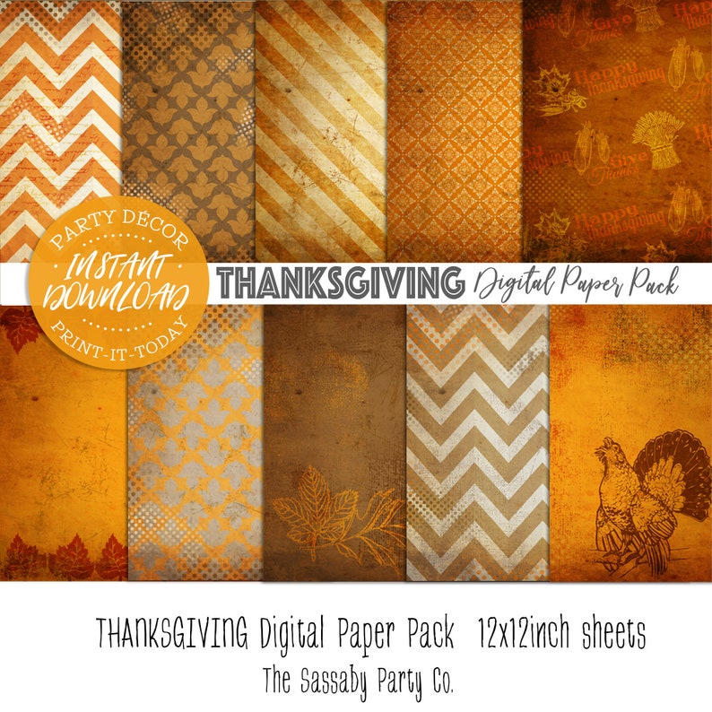 Thanksgiving Digital Papers, Give Thanks, Turkey, Chevron, Fall, Stripes, Leaves, Scrapbooking, Backgrounds, Card Making, Crafts, Printable, Print Yourself, Instant Download Digital File, Orange