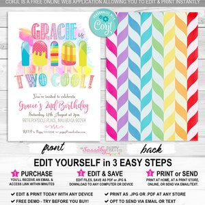 Popsicle Party Invitation, Two Cool, 2nd Birthday, Girls Invite, Summer, Ice Cream, Icy Pole, Instant Download, Printable Birthday, Pool, Swimming, Rainbow Colors, Print Yourself