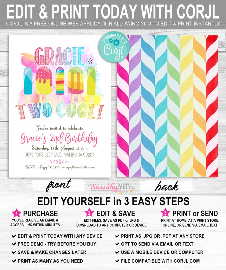 Popsicle Party Invitation, Two Cool, 2nd Birthday, Girls Invite, Summer, Ice Cream, Icy Pole, Instant Download, Printable Birthday, Pool, Swimming, Rainbow Colors, Print Yourself
