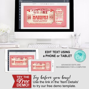 Girls Baseball Rockford Peaches, 1st Birthday Invitation, First, The Big One, Ticket, Invite, Edit Text, Editable, Pink, Red, League of Her Own, All-Star, Party Printable, Print Yourself