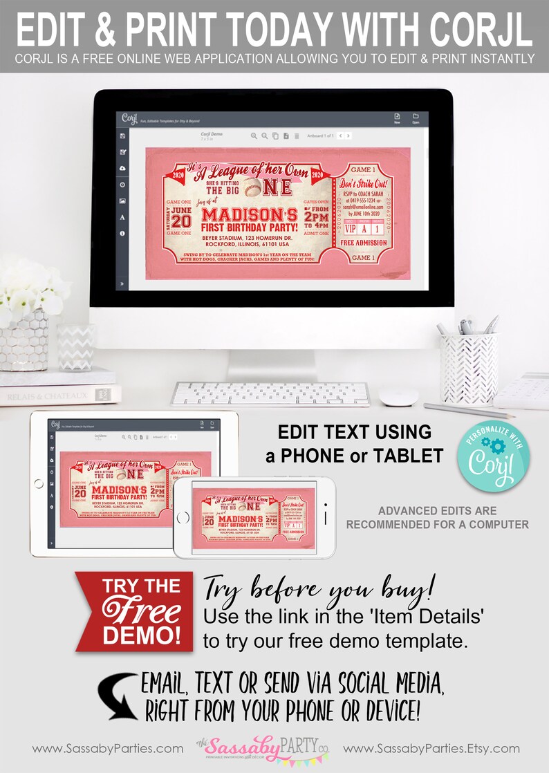 Girls Baseball Rockford Peaches, 1st Birthday Invitation, First, The Big One, Ticket, Invite, Edit Text, Editable, Pink, Red, League of Her Own, All-Star, Party Printable, Print Yourself