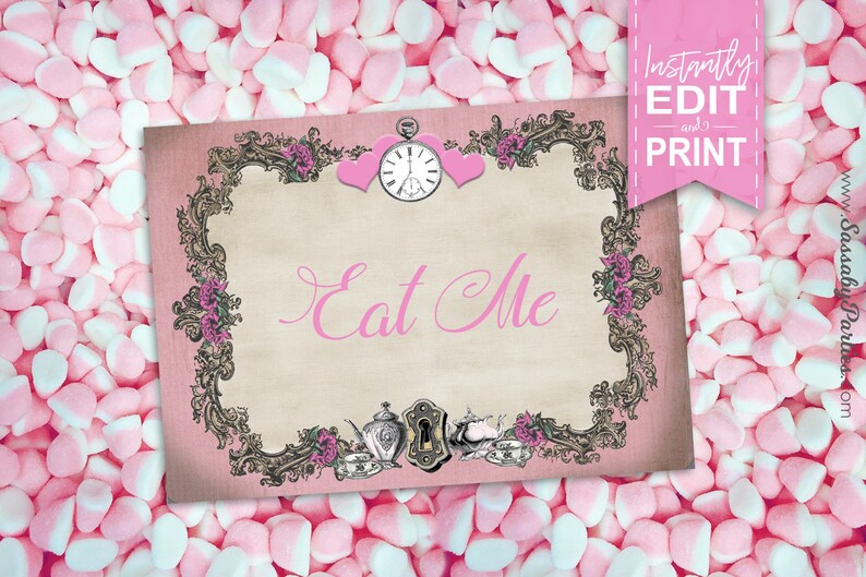 Alice in Wonderland Party Labels, Food Tent Cards, Pastel Pink Hearts, Roses, Eat Me Tags, Birthday Decorations, Decor, Bday, Bridal Shower, Edit Text, Editable, Printable, Print Yourself, Instant Download,