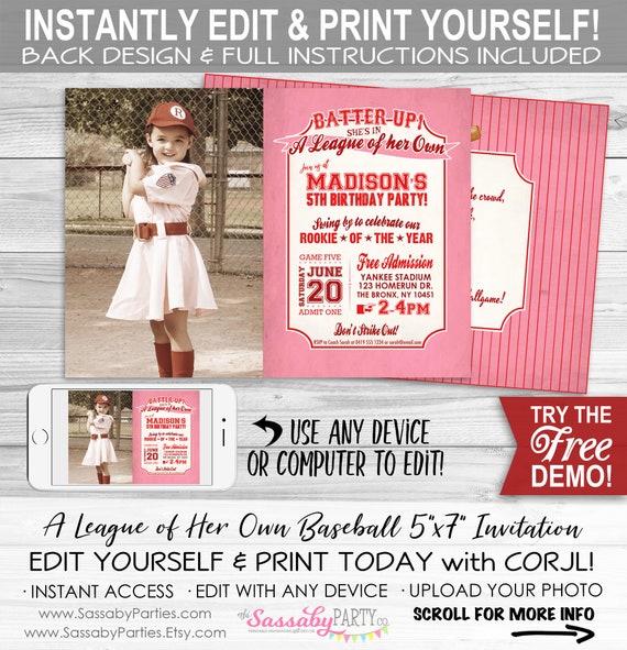 A League of Her Own Baseball Invitation - INSTANT DOWNLOAD - Edit & Print, Photo, Rookie, Birthday Party Invite, Rockford Peaches, Batter Up Il_570xn