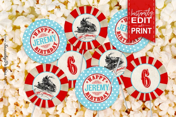Birthday Express Party Circles/Cupcake Toppers - INSTANT DOWNLOAD - Editable & Printable, Train, Locomotive Birthday, Food Decorations Il_570xn