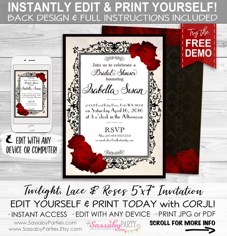 Twilight Lace Roses Invitation, Bridal Shower, Birthday Party, Vampire, Instant Download, Print Yourself, Printable at Home, Edit Text, Editable, Halloween, Gothic, Red Rose