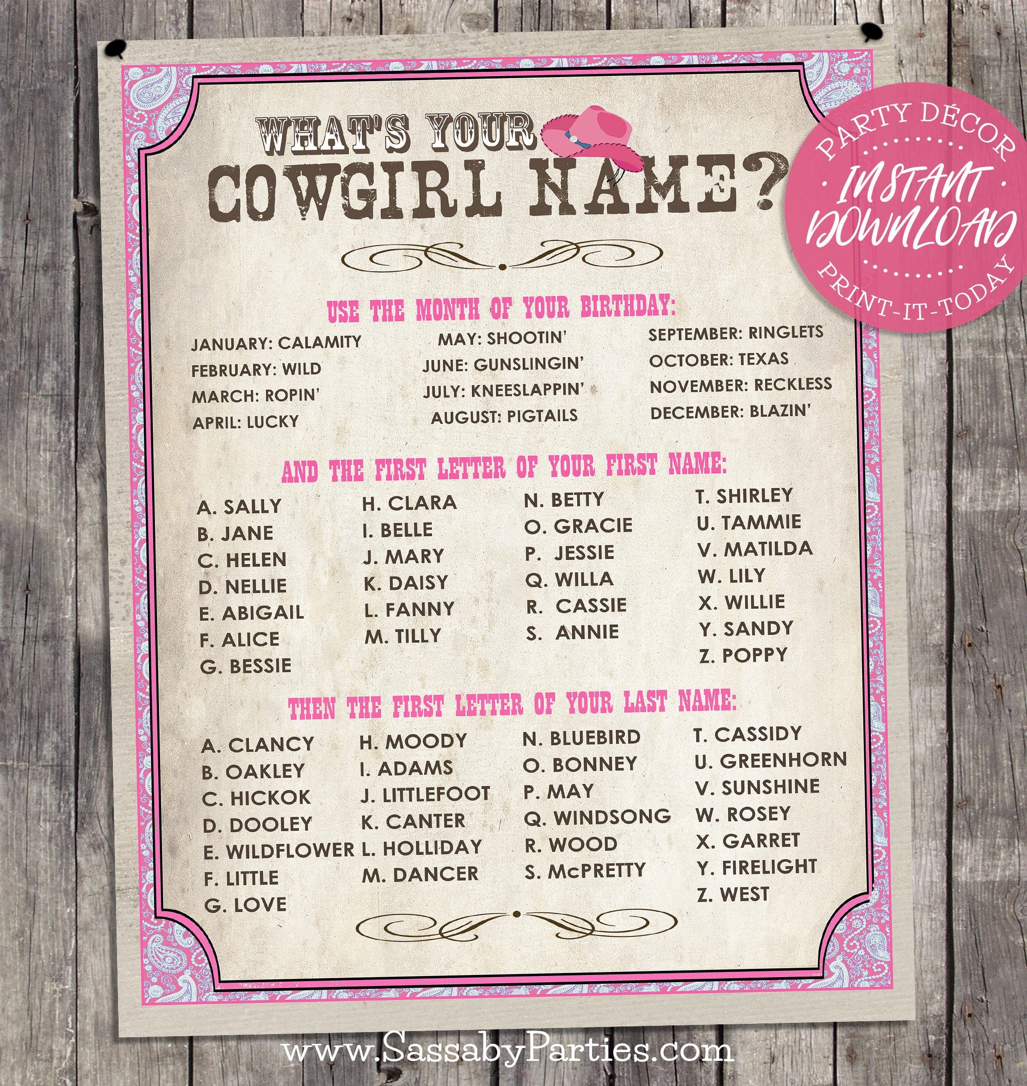 Cowgirl Name Poster PINK INSTANT DOWNLOAD What s Etsy