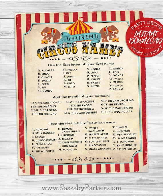 Circus Name Poster - INSTANT DOWNLOAD - 'What's your Circus Name?' Printable Sign, Birthday, Party Decor, Carnival, Performer, Decorations Il_570xn