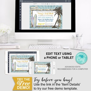 Surfer Dude Invitation, Any Age, Surf Party, Summer, Sunshine, Palm Trees, Surfing, Boards, Hawaii, Instant Download, Printable Birthday, Swimming, Hawaiian Luau, Surf Shack, Print Yourself
