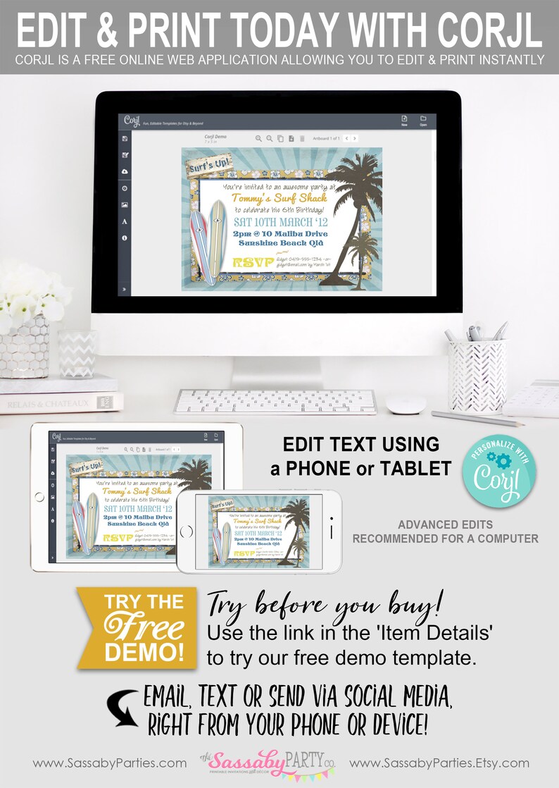 Surfer Dude Invitation, Any Age, Surf Party, Summer, Sunshine, Palm Trees, Surfing, Boards, Hawaii, Instant Download, Printable Birthday, Swimming, Hawaiian Luau, Surf Shack, Print Yourself