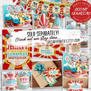 Op de afbeelding: Een printbaar vintage carnaval feestpakket in rood, wit en blauw. Het pakket bevat een banner, cupcake toppers, waterfleslabels, bedankkaartjes en een bedankbord. De tekst op de afbeelding luidt "Jessica's 8th Birthday Carnival Spectacular" en "Apart verkocht! Bekijk onze Etsy-winkel... SassabyParties.Etsy.com".