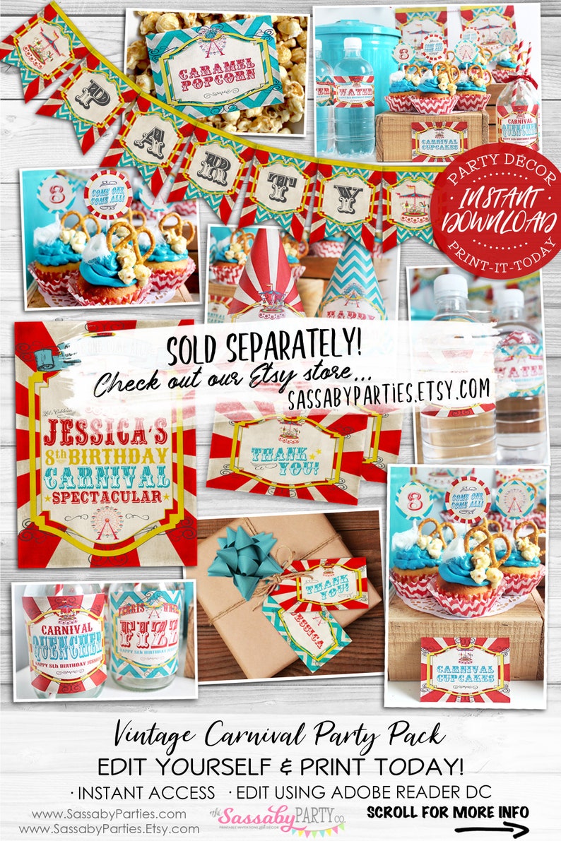 Vintage Carnival Invitation INSTANT DOWNLOAD Edit & Print Today, Birthday, Circus, Sideshow, Party Invite, Carousel, Come one Come All image 7