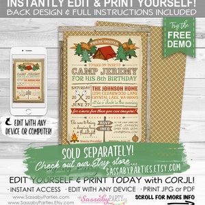 May include: Editable camping birthday party invitation with a rustic wood background and a green and brown plaid pattern. The invitation features a red tent, green trees, and a campfire. The text on the invitation reads "You're Invited to Hike on Over to Camp Jeremy for His 8th Birthday".