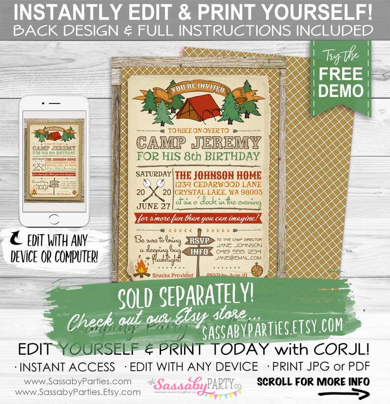 May include: Editable camping birthday party invitation with a rustic wood background and a green and brown plaid pattern. The invitation features a red tent, green trees, and a campfire. The text on the invitation reads "You're Invited to Hike on Over to Camp Jeremy for His 8th Birthday".