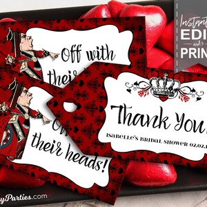 Queen of Hearts Party Tags - INSTANT DOWNLOAD - Printable Birthday Baby Bridal Shower Decorations, Decor, Red, Edit & Print, Wonderland