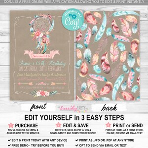 Boho, Dreamcatcher, Feathers, Pastel, Invitation, Invite, Girls, Floral, Pretty, Dreamy, Editable, Edit Text, Printable, Birthday Party, Print Yourself, Instant Download, Print At Home, Digital Files